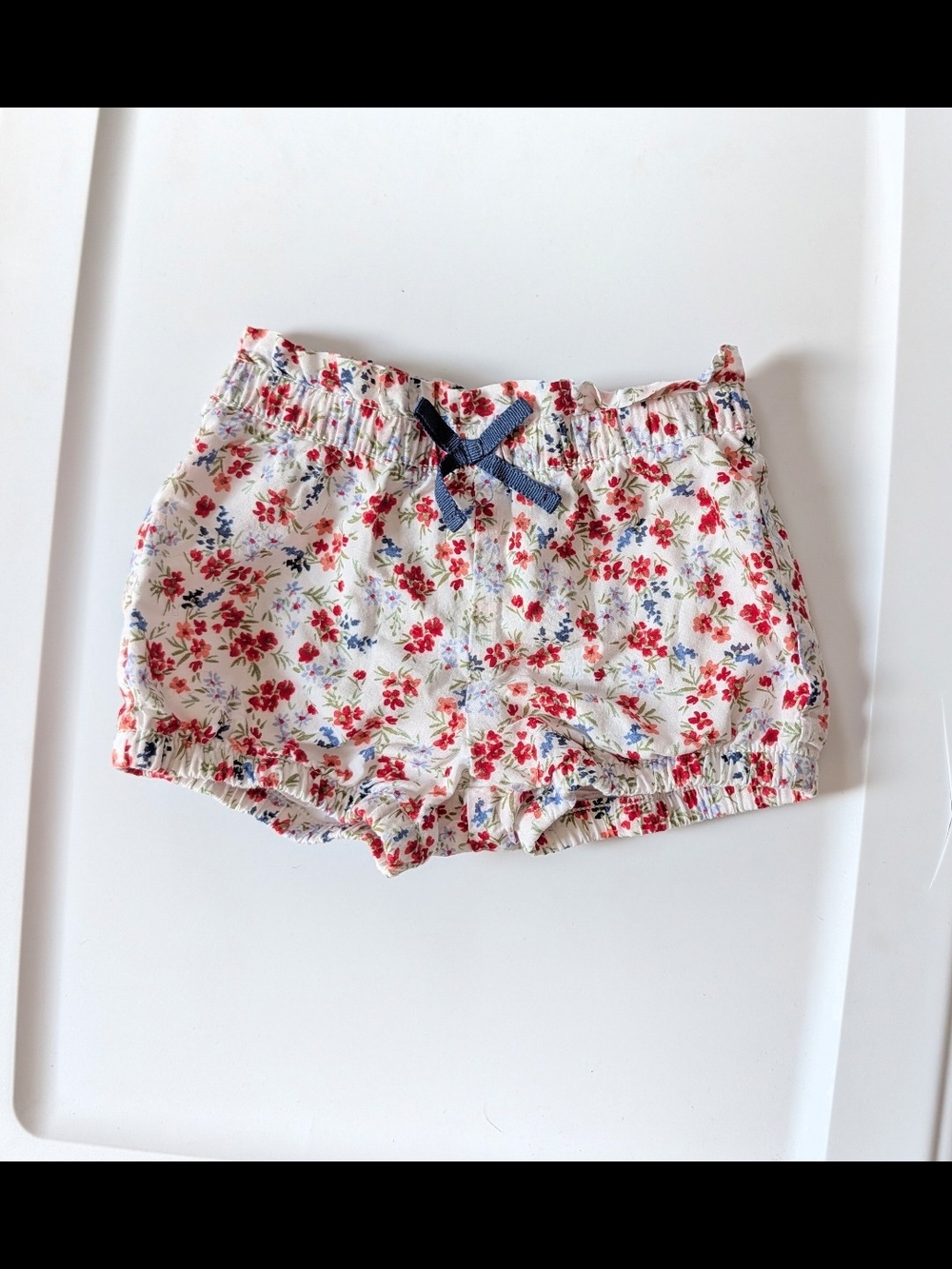 Girls White Floral Shorts with Navy Bow